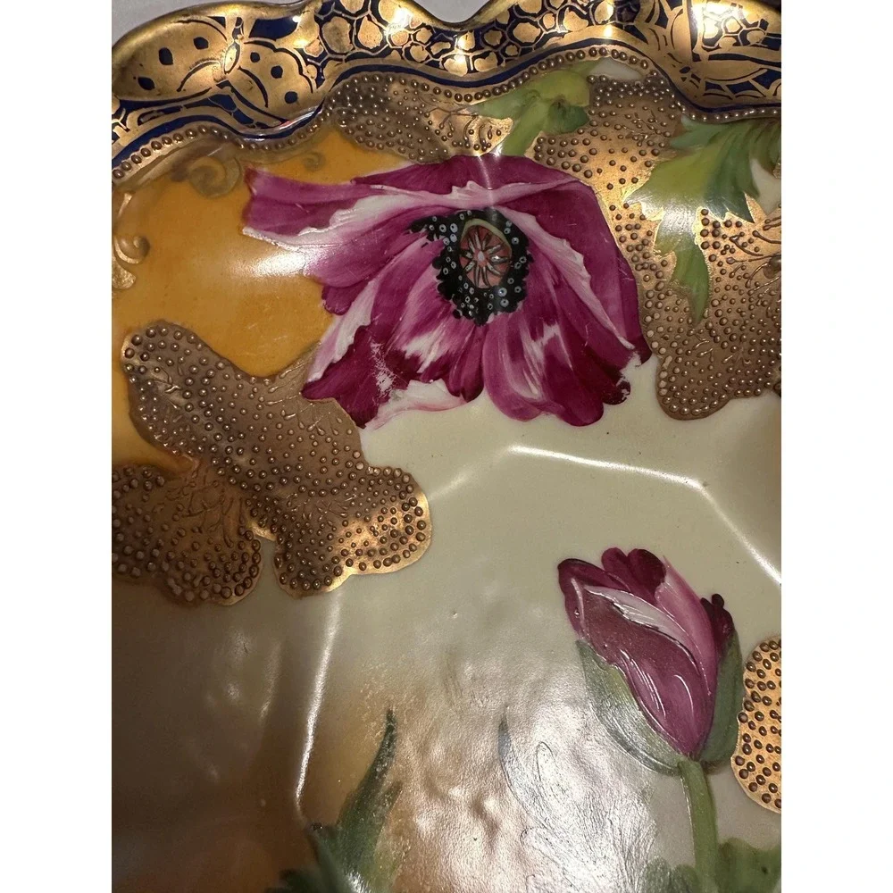Antique Nippon Porcelain Bowl Poppy Flowers Pink Fuschia Gold Beading 11